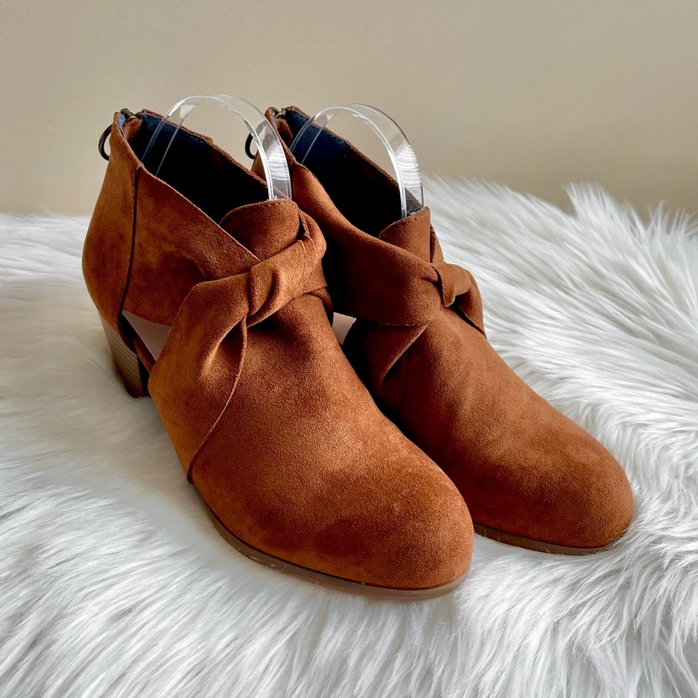 Dolce by Mojo Moxy Cognac Suede Twist Ankle Booties